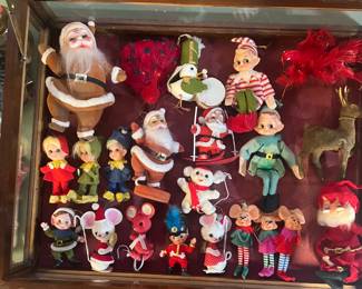 Lots of 1950s Christmas Ornaments including flocked Pixies