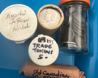 Jefferson nickels, Kennedy half, trade tokens, Canadian