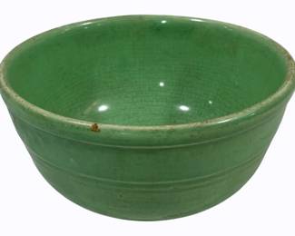 3370 - Green Pottery Mixing Bowl -8 x 11 chips & cracked - minor imperfections
