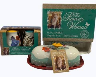 4184 - 3 Pioneer Woman Items, new in box Napkin box, S&P Shakers & Butter Dish

