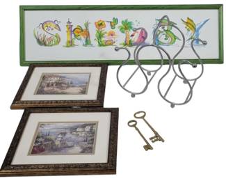120x - Assorted Art, Large Brass Keys & Wine Holder 9 x 31 - "Shelby" frame 9.5 x 12 - Pair of matching framed prints 5.5" long - brass keys 11 x 10 x 6 - Table Top Wine bottle holder, holds 5
