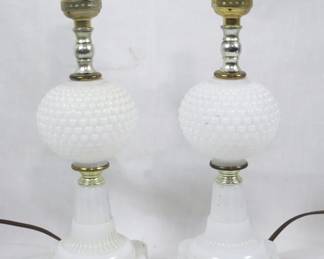 45 - Pair Vintage Milk Glass Hobnail Lamps 12.5" used as-is electric/electronic/mechanical item - no guarantee all components, untested
