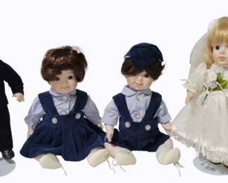 120 - 4 Vintage Porcelain dolls 2 - Bride & Groom Marian Yu Design 2 - Boy & Girl Twin Dolls
