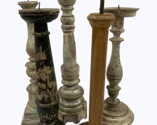 4089 - Group of 5 Carved Candle Prickets 14.5-17"
