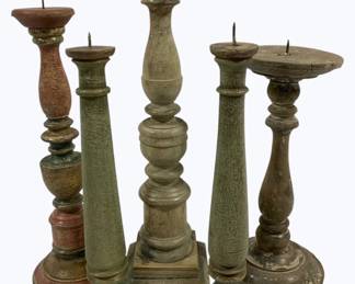 4088 - Group of 5 Carved Candle Prickets 11.5 -16"
