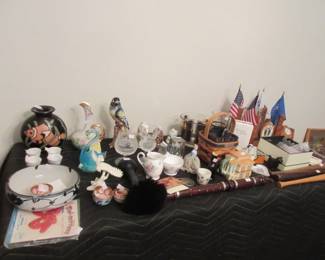 Nepalese flute, MCM Japanese, Murano glass, Scottish glass, Military desk sets, c. 1950's souvenir baseball bats, Longaberger