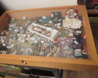 Military patches, Birghton, Mexican and other sterling jewelry, carved bone, cufflinks and tie tacks, platinum and spinel brooch