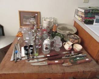 Vintage knives, art pottery, collectible shot glasses