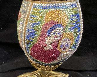 HAND CRAFTED FABERGE STYLE DUCK EGG ADORNED WITH COLORED BEADS, FLIP OPEN TOP, ON STAND