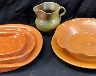 JUG TOWN POTTERY ORANGE GLAZED DISHES, FROG SKIN GLAZED CREAMER, BEIGE VASE NO SHIPPING PICKUP ONLY