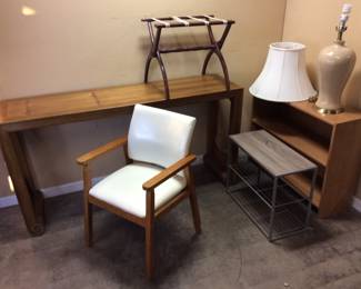 HALL TABLE, CHAIR, SHELVING, LAMP, LUGGAGE STAND
