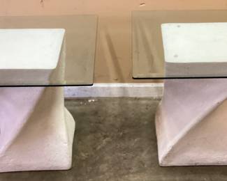 PAIR OF GLASS TOP END TABLES WITH CERAMIC SWIRL BASES NO SHIPPING PICKUP ONLY