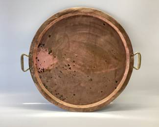 IMPERIAL RUSSIAN STAMPED COPPER WITH BRASS HANDLES SERVING PLATER. DOUBLE HEADED EAGLE COAT OF ARMS AND CYRILLIC TEXT OF MADE IN TULA