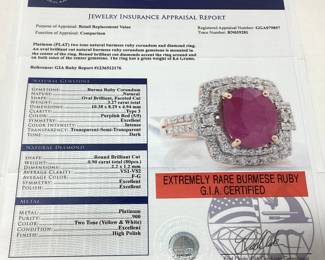2-TONE PLATINUM RUBY & DIAMOND RING, SIZE 7, 3.27ct RUBY, 0.90cts DIAMONDS, 8.6g TOTAL WEIGHT, G.I.A. CERTIFIED RARE BURMESE RUBY, GGA APPRAISAL $22,870.00