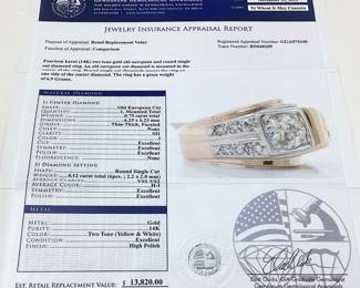 2-TONE 14KT GOLD DIAMOND RING, SIZE 8.5, 0.75ct EUROPEAN CUT CENTER DIAMOND, 0.12cts ADJACENT DIAMONDS, 6.9g TOTAL WEIGHT, GGA APPRAISAL $13,820.00