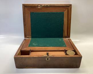 ANTIQUE 19TH CENTURY TRAVELING WRITING SLOPE LAP DESK WITH PAPER FASTENERS TIN