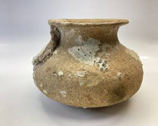 ANCIENT CLAY STONEWARE POTTERY, ROUNDED BOTTOM AND A FLARED RIM WITH FOSSILIZED CORAL INSIDE AND OUT, BEAUTIFUL PIECE OF HISTORY. HAS A TAG OF 002 ON THE BOTTOM
