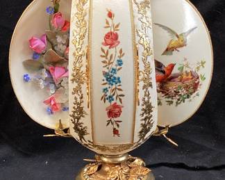 VTG. FABERGE STYLE HAND DECORATED BIRDS IN A NEST DESIGN OSTRICH EGG, FLORAL ACCENTS, ORNATE GOLD TONE STAND, 9.5in H, ONE OF A KIND NO SHIPPING PICKUP ONLY