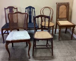 (6) ASSORTED WOOD CHAIRS, CANE SEAT, CANE BACK, SPINDLE BACK NO SHIPPING PICKUP ONLY