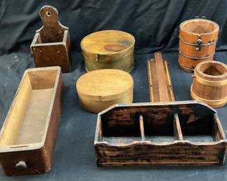 ASSORTED COLLECTIBLES, SHAKER BOXES, TOOL TOTE, WOOD BUCKETS, SEWING MACHINE DRAWER, DOVETAIL WALL POCKET BOX NO SHIPPING PICKUP ONLY