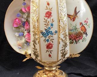 VTG. FABERGE STYLE HAND DECORATED BIRDS IN A NEST DESIGN OSTRICH EGG, FLORAL ACCENTS, ORNATE GOLD TONE STAND, 9.5in H, ONE OF A KIND NO SHIPPING PICKUP ONLY