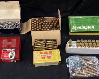 ASSORTED AMMO, WINCHESTER 30 CARBINE, REMINGTON 22/250, HORNADY 50cal, PISTOL BALL 45cal,