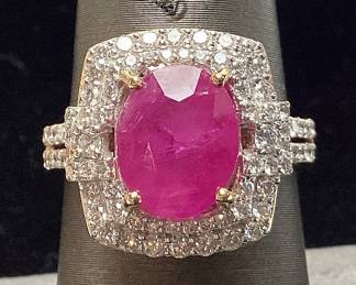 2-TONE PLATINUM RUBY & DIAMOND RING, SIZE 7, 3.27ct RUBY, 0.90cts DIAMONDS, 8.6g TOTAL WEIGHT, G.I.A. CERTIFIED RARE BURMESE RUBY, GGA APPRAISAL $22,870.00