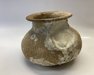 ANCIENT CLAY STONEWARE POTTERY, ROUNDED BOTTOM AND A FLARED RIM WITH FOSSILIZED CORAL INSIDE AND OUT, BEAUTIFUL PIECE OF HISTORY. HAS A TAG OF 002 ON THE BOTTOM