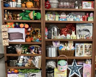 CHOICE CABINET LOT HALLOWEEN DECOR, EASTER DECOR, POTS, PANS, JUICER, BLENDER,