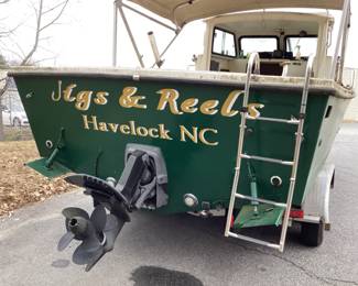 23ft 1995 PARKER OFFSHORE TRAWLER FISHING BOAT w CABIN & DUAL AXLE MAGIC TILT TRAILER, SOFT TOP BIMINI SHADE, BOAT NEEDS SOME DETAILING & NEW BATTERY, INBOARD ENGINE