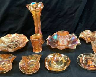EARLY 1900s FENTON & DUNCAN MARIGOLD CARNIVAL GLASS PIECES, BEADED STAR VARIANT BOWL, BEADED BULLSEYE VASE, CANDY DISHES, ASHTRAYS NO SHIPPING PICKUP ONLY