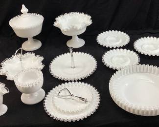 ASSORTED FENTON MILK GLASS SILVER CREST, VASES, CANDY DISHES, TIDBIT TRAY NO SHIPPING PICKUP ONLY