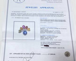 14KT YELLOW GOLD MULTI COLOR SAPPHIRE & DIAMOND RING, SIZE 7.5, 4.51cts SAPPHIRES, 0.39cts DIAMONDS, 4.3g TOTAL WEIGHT, IAS APPRAISAL $7,680.00