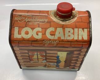 2 ANTIQUE WOODEN WEAVING SHUTTLE LOOMS AND 1987 LOG CABIN SYRUP TIN 100th ANNIVERSARY