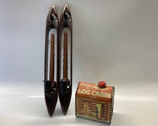 2 ANTIQUE WOODEN WEAVING SHUTTLE LOOMS AND 1987 LOG CABIN SYRUP TIN 100th ANNIVERSARY