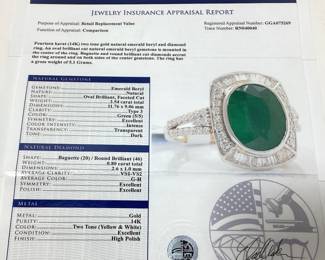 14KT 2-TONE GOLD EMERALD & DIAMOND RING, SIZE 7.25, 2.54ct EMERALD, 0.80cts DIAMONDS, 5.1g TOTAL WEIGHT, GGA APPRAISAL $20,840.00