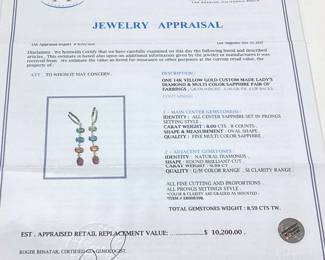 14KT YELLOW GOLD MULTI COLOR SAPPHIRE & DIAMOND EARRINGS, 8.00cts SAPPHIRES, 0.59cts DIAMONDS, 6g TOTAL WEIGHT, IAS APPRAISAL $10,200.00