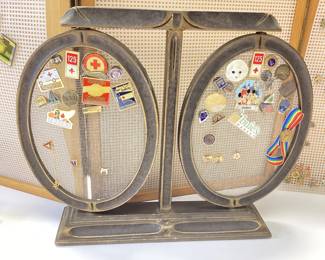 COLLECTION OF VINTAGE COMMEMORATE PINS WITH DISPLAY STANDS