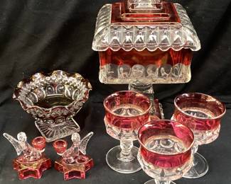 VTG. CRANBERRY RUBY FLASH GLASSWARE, CORDIAL GLASSES, SQUARE WEDDING BOX, FOOTED CANDY DISH, CANDLESTICK HOLDERS NO SHIPPING PICKUP ONLY