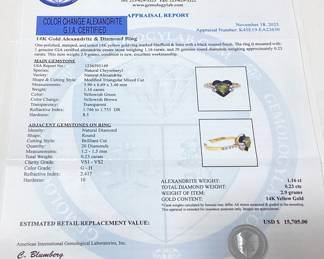 14KT YELLOW GOLD ALEXANDRITE & DIAMOND RING, SIZE 7, 1.16ct ALEXANDRITE, 0.23cts DIAMONDS, 2.9g TOTAL WEIGHT, G.I.A. CERTIFIED COLOR CHANGE ALEXANDRITE, AIGL APPRAISAL $15,705.00