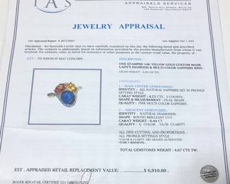 14KT YELLOW GOLD MULTI COLOR SAPPHIRE & DIAMOND RING, SIZE 7.25, 4.23cts SAPPHIRES, 0.44cts DIAMONDS, 4g TOTAL WEIGHT, IAS APPRAISAL $6,910.00