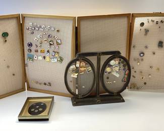 COLLECTION OF VINTAGE COMMEMORATE PINS WITH DISPLAY STANDS