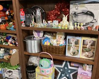 CHOICE CABINET LOT HALLOWEEN DECOR, EASTER DECOR, POTS, PANS, JUICER, BLENDER,