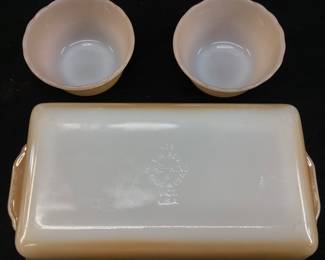 3 PIECE VTG. FIRE KING PEACH LUSTER LOAF PAN & 2 BOWLS