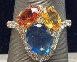 14KT YELLOW GOLD MULTI COLOR SAPPHIRE & DIAMOND RING, SIZE 7.25, 4.23cts SAPPHIRES, 0.44cts DIAMONDS, 4g TOTAL WEIGHT, IAS APPRAISAL $6,910.00