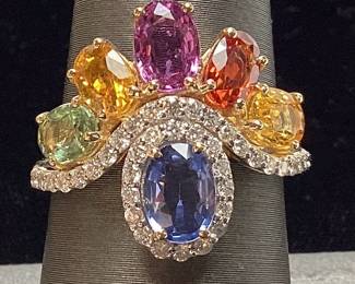 14KT YELLOW GOLD MULTI COLOR SAPPHIRE & DIAMOND RING, SIZE 7.5, 4.51cts SAPPHIRES, 0.39cts DIAMONDS, 4.3g TOTAL WEIGHT, IAS APPRAISAL $7,680.00