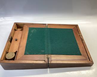 ANTIQUE 19TH CENTURY TRAVELING WRITING SLOPE LAP DESK WITH PAPER FASTENERS TIN