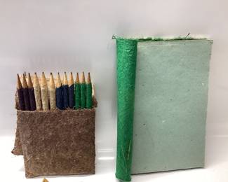 COLLECTION OF VINTAGE FOUNTAIN PENS WITH ONYX DESK PEN HOLDER. HANDMADE PAPER AND PENCILS