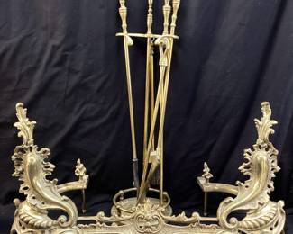 FRENCH ROCOCO STYLE BRASS FIREPLACE SET NO SHIPPING PICKUP ONLY