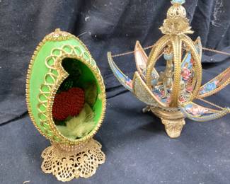 (2) HAND CRAFTED FABERGE STYLE DUCK EGGS ADORNED WITH GOLD COLORED TRIM ON STANDS